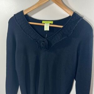 NWT Vintage Sigrid Olsen Black Floral Accent Crochet Collar Bell Sleeve Sweater